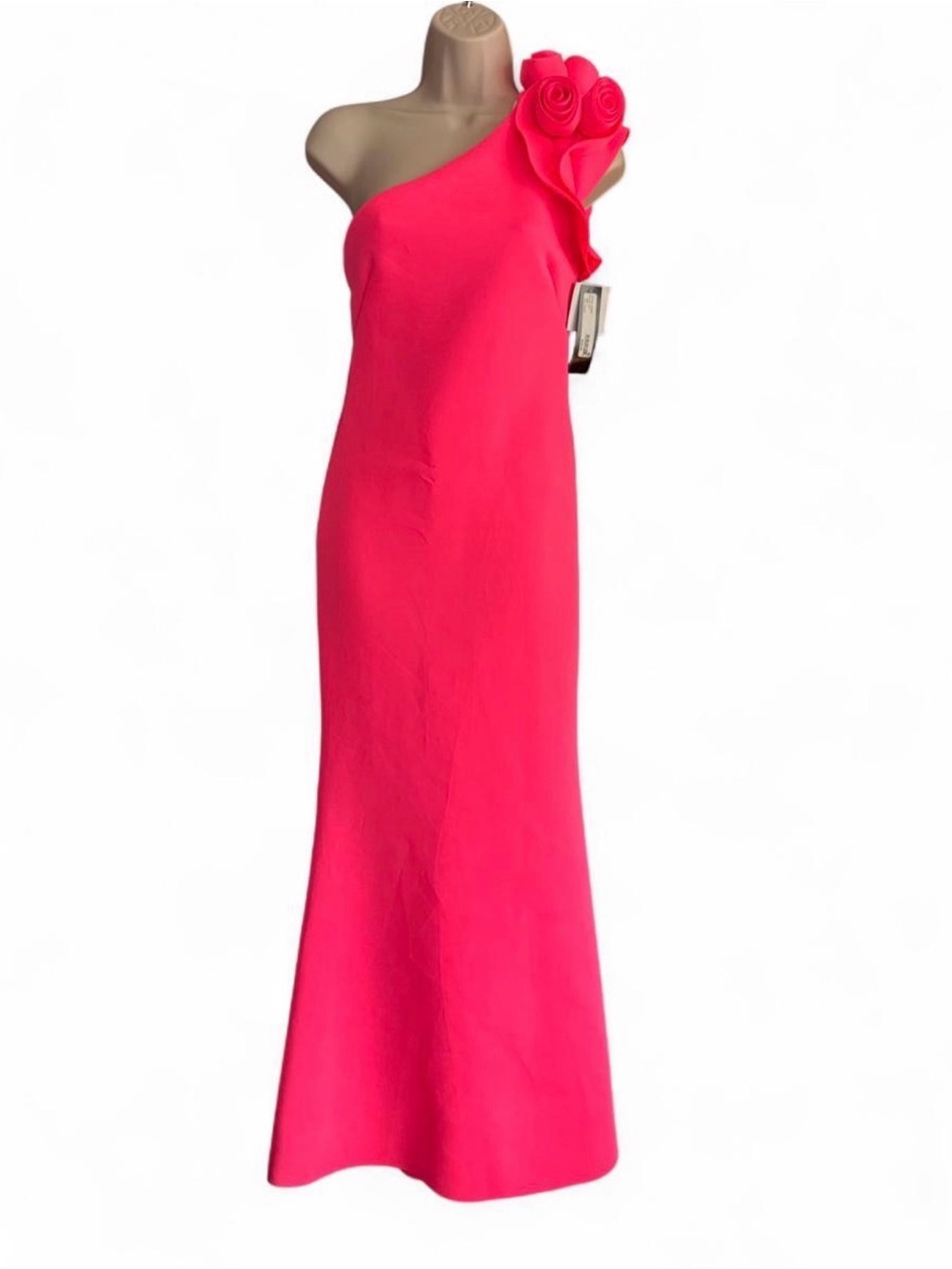 Betsy & Adam Fuchsia One-Shoulder Evening Gown with Floral Rosette 4  Formal